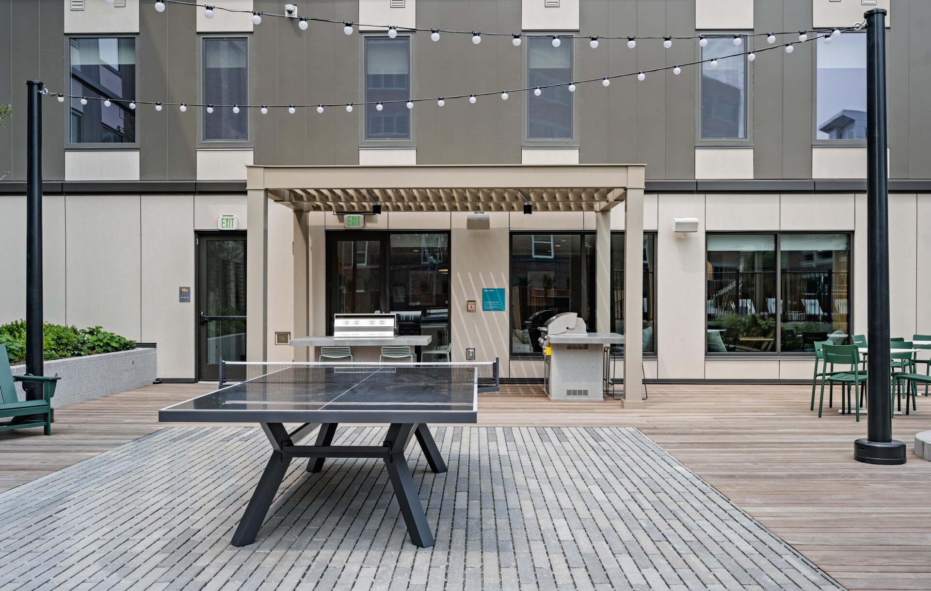 Ping pong table in community courtyard.