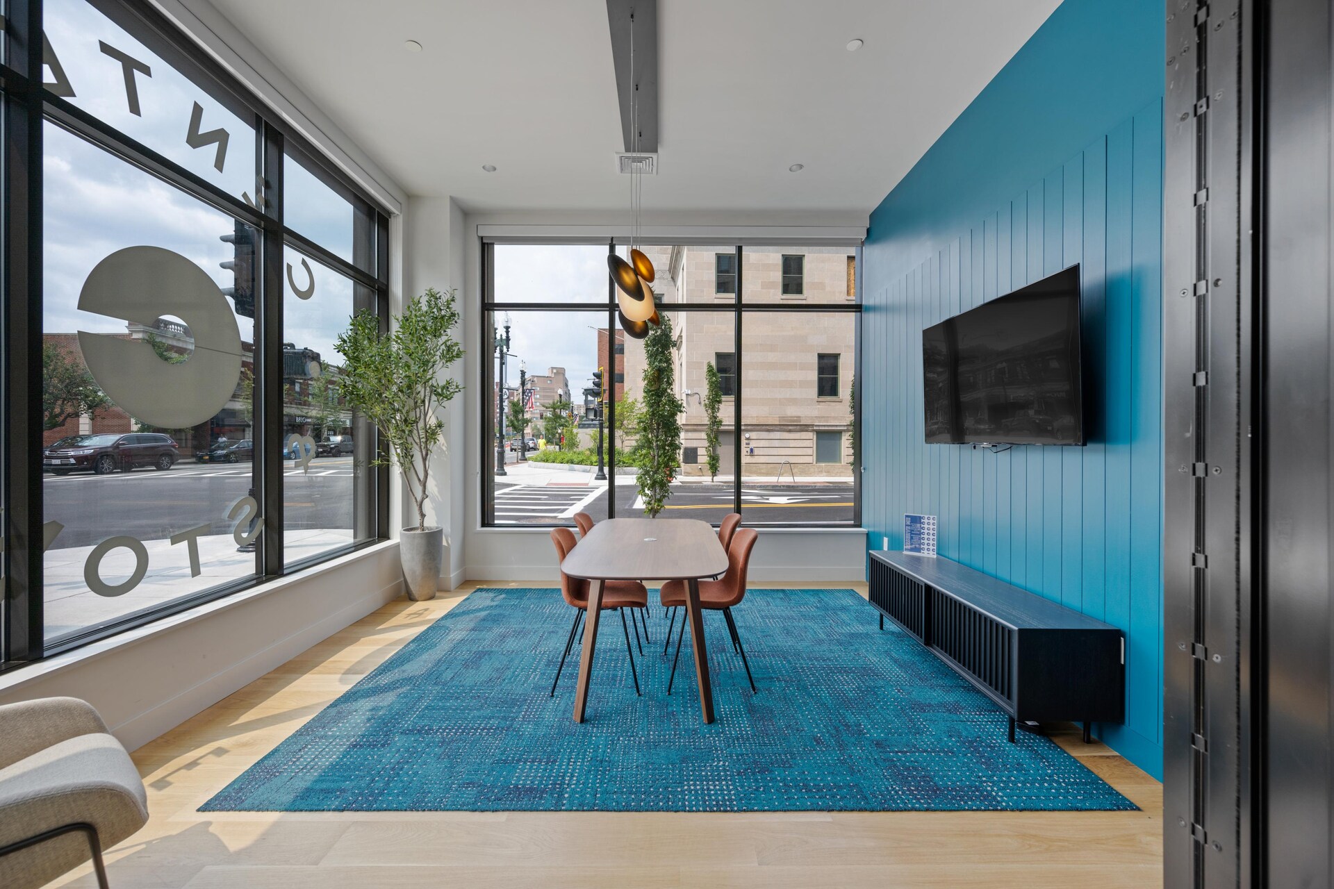 Chic TV nook in the lobby.